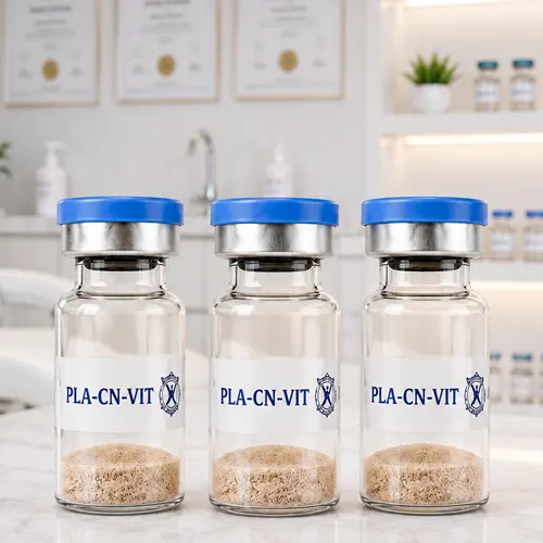 Tres viales de Extracto de Placenta PLA-CN-VIT en un consultorio médico estético moderno y profesional de Vanid Glam.