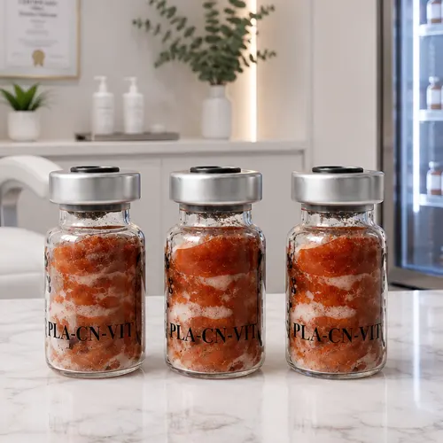 Tres viales de Implante de Placenta Congelada (Fresca) en un consultorio médico estético profesional con refrigeración para cadena de frío de Vanid Glam.