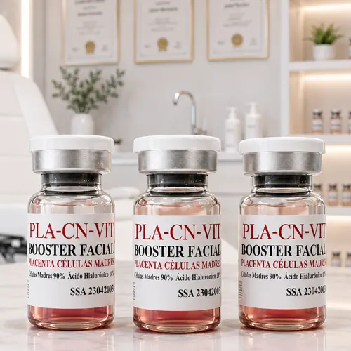 Tres viales de PLA-CN-VIT Booster Facial con placenta y células madre en un consultorio médico estético moderno de Vanid Glam.