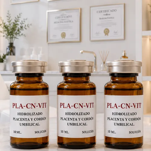 Tres viales de PLA-CN-VIT Hidrolizado de Placenta y Cordón Umbilical 10 ml en un consultorio médico estético profesional de Vanid Glam.